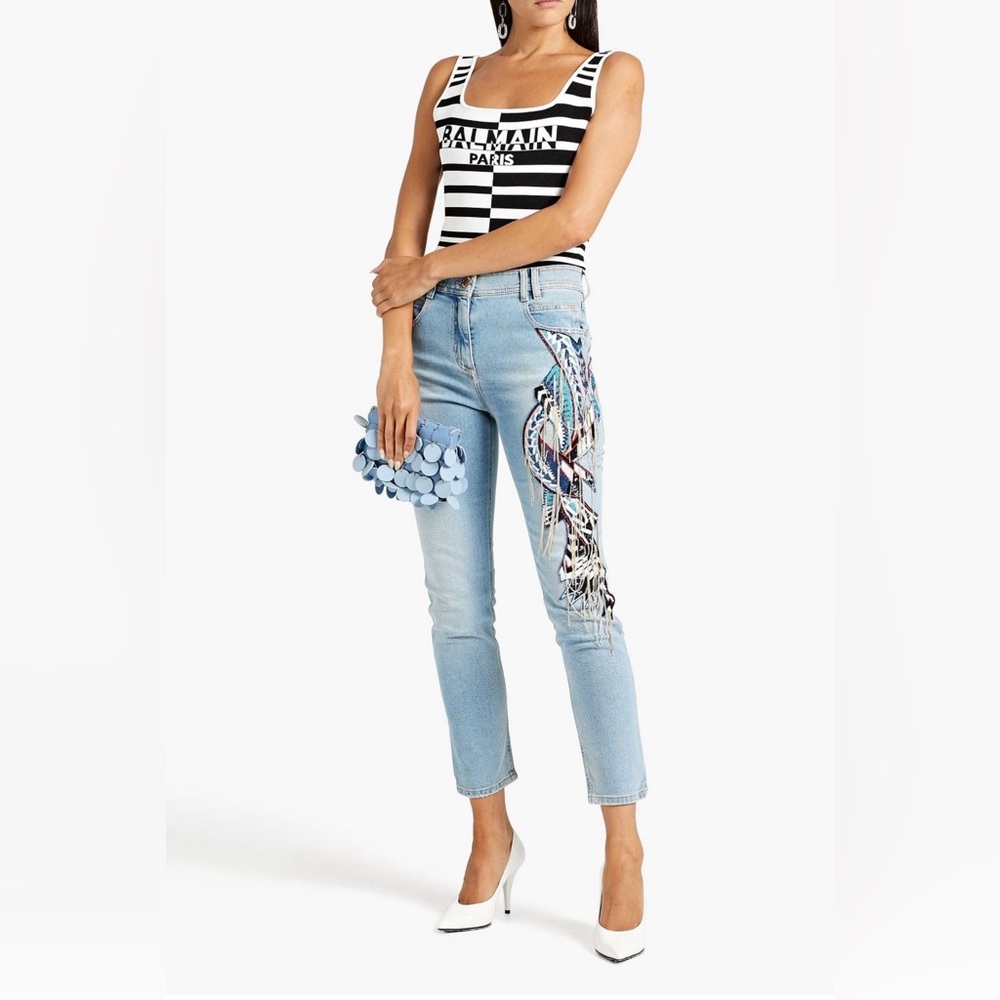 NWT $2295 BALMAIN Embellished Skinny Jeans Beaded Chain Fringe Light US 6